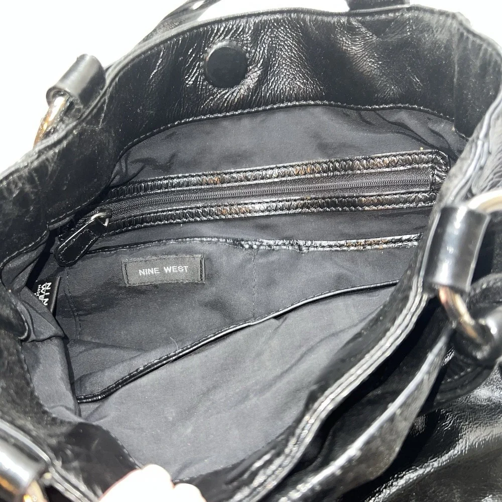 Nine West Black Patent Leather 2 Twist Handle  Purse Handbag With Chain Detail